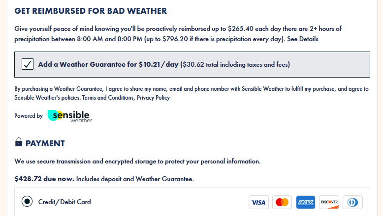 An example of a Weather Guarantee inside an Aven Hospitality Booking Engine.