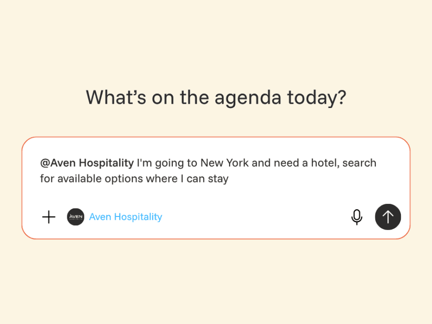 A chatbot being asked the prompt "@Aven Hospitality I'm going to New York and need a hotel, search for available options where I can stay"