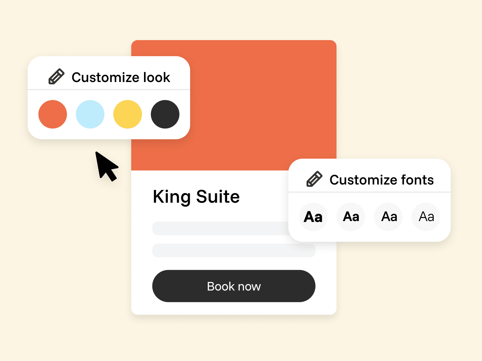 A UI mockup showing brand customization tools for a booking card. Floating menus labeled 'Customize look' and 'Customize fonts' allow for the selection of brand colors and typography to be applied to a 'King Suite' booking preview with a 'Book now' button.