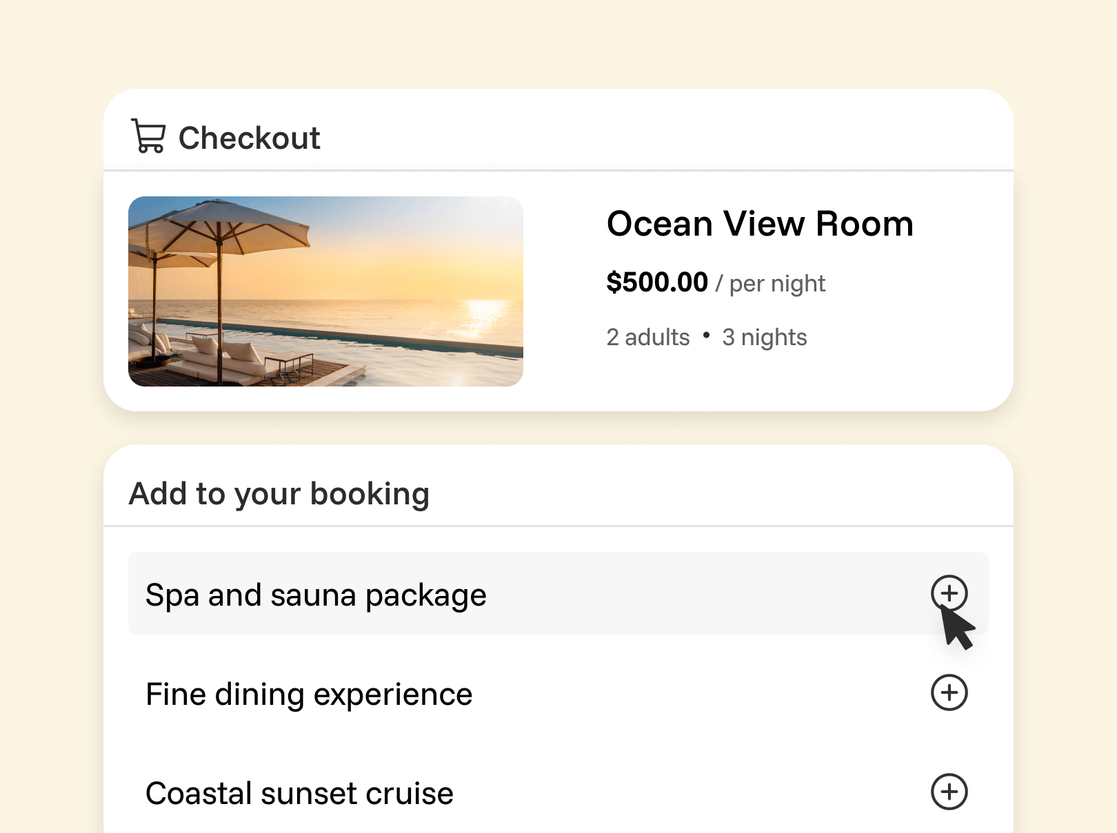A checkout interface showing an Ocean View Room for $500.00 per night. Below the booking details is an 'Add to your booking' section featuring add-ons like a Spa and sauna package, Fine dining experience, and Coastal sunset cruise, with a cursor selecting the spa option.