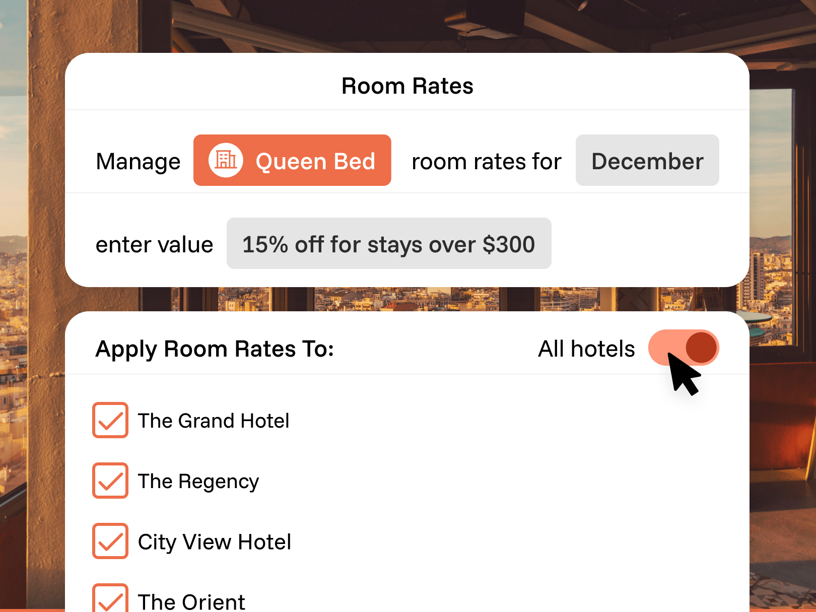 A Room Rates management interface showing a promotional rule for '15% off for stays over $300' in December. A toggle for 'All hotels' is being switched on, automatically applying this rate to a checklist of properties including The Grand Hotel, The Regency, and City View Hotel.