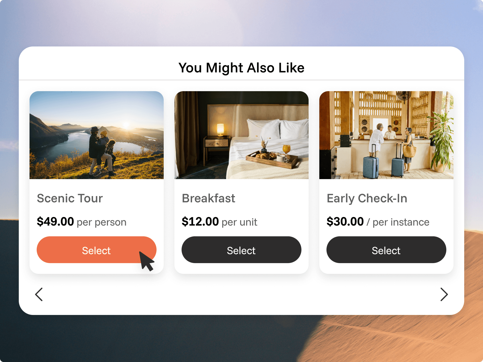 A 'You Might Also Like' carousel showing three personalized upsell cards: a Scenic Tour for $49.00, Breakfast for $12.00, and Early Check-In for $30.00. A cursor is hovering over the 'Select' button for the Scenic Tour option.