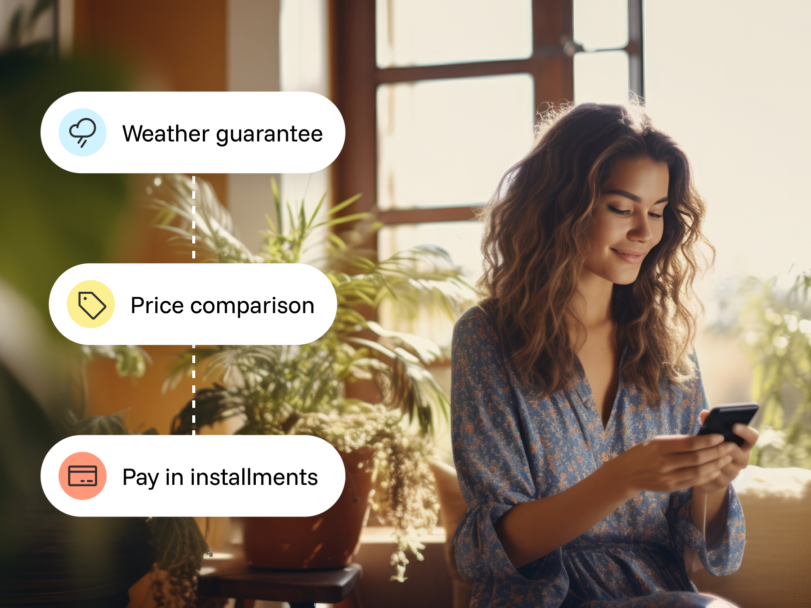 Visual showing Booking Engine features, including weather guarantees, price comparisons, and the ability to pay in installments.