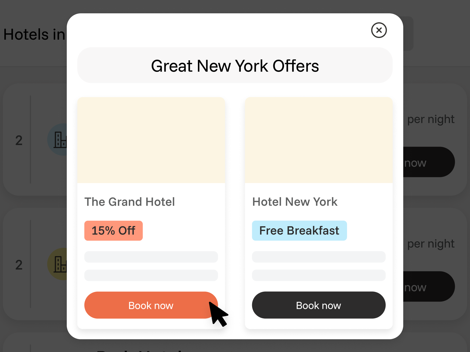 GDS Marketing interface showing property-specific offers from hotels in the same city.