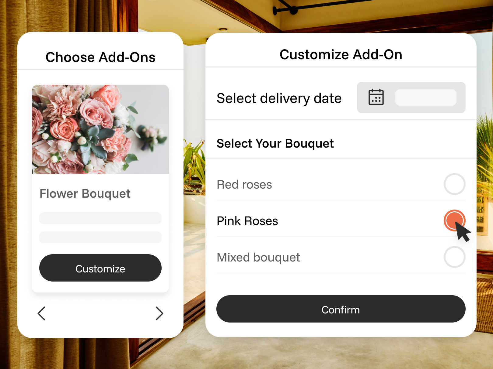 Retailing interface showing a customizable bouquet add-on with options for flower type and delivery date.
